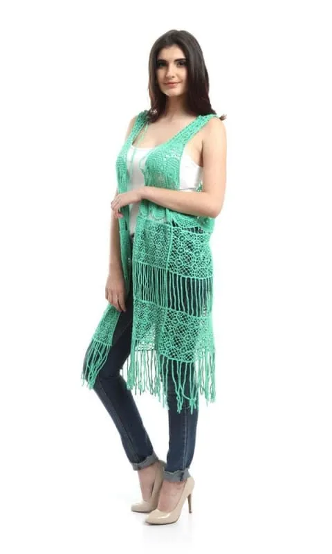 48478 Fringes Crochet Solid Vest - Light Green