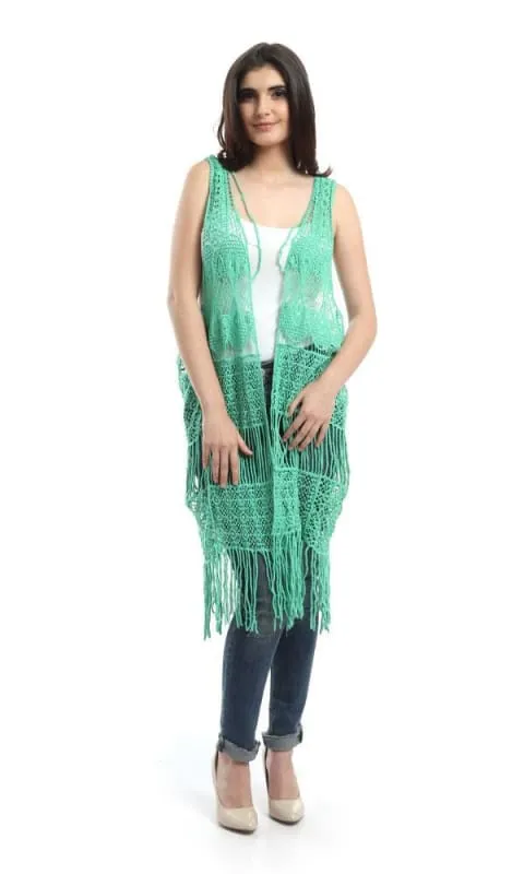 48478 Fringes Crochet Solid Vest - Light Green