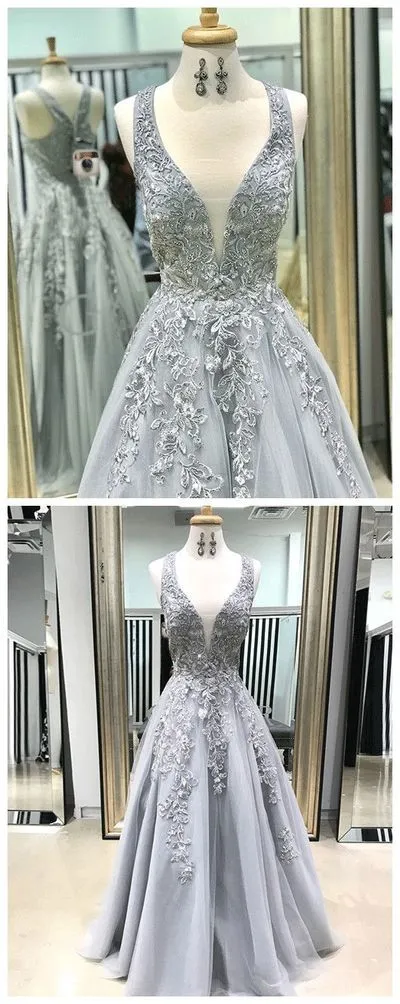 Anneprom Chic A line Straps Lace Prom Dresses Silver Applique Long Prom Dress Evening Dress APP0653