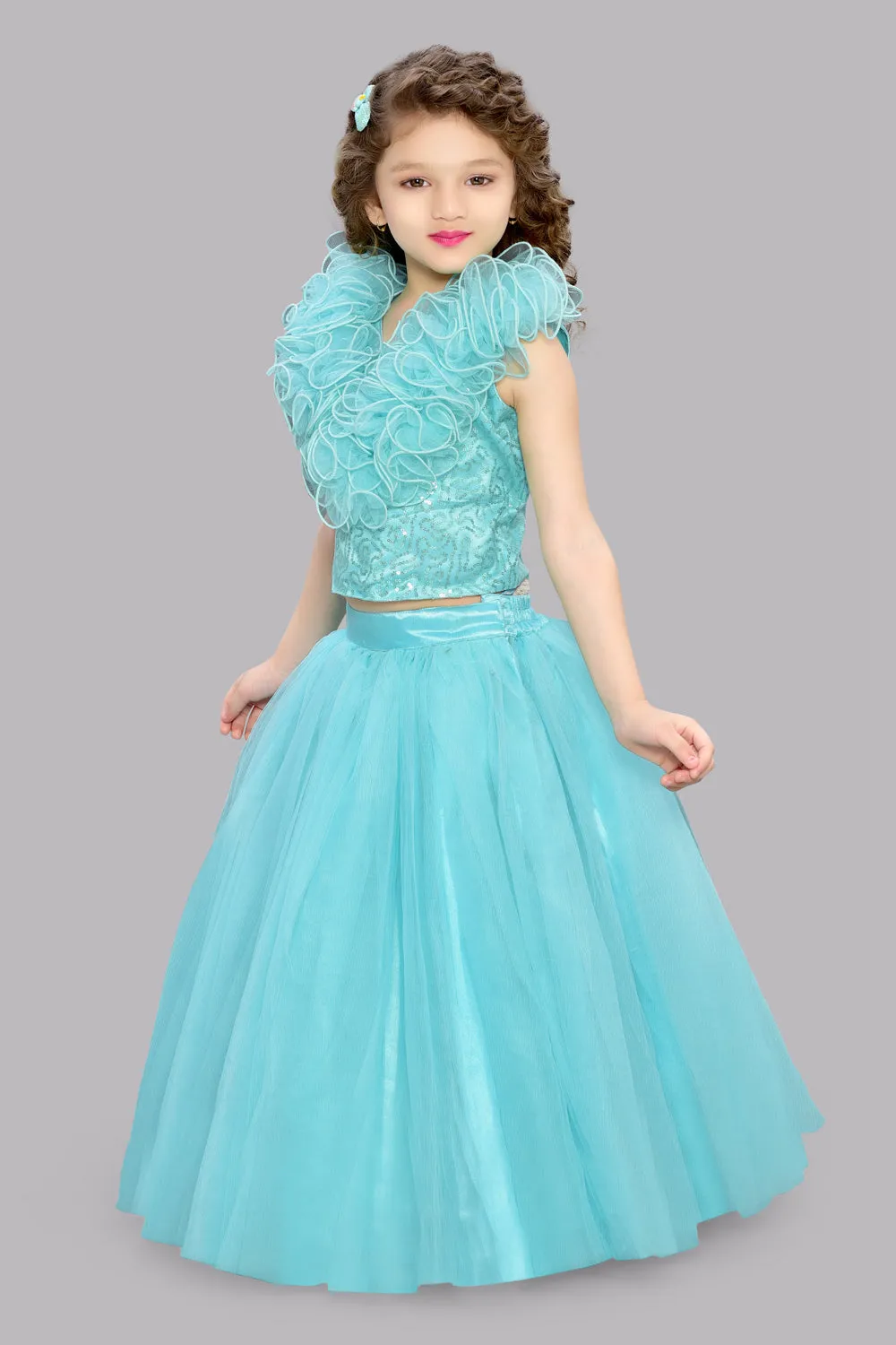 Aqua Sequins Ruffle Skirt Top Set