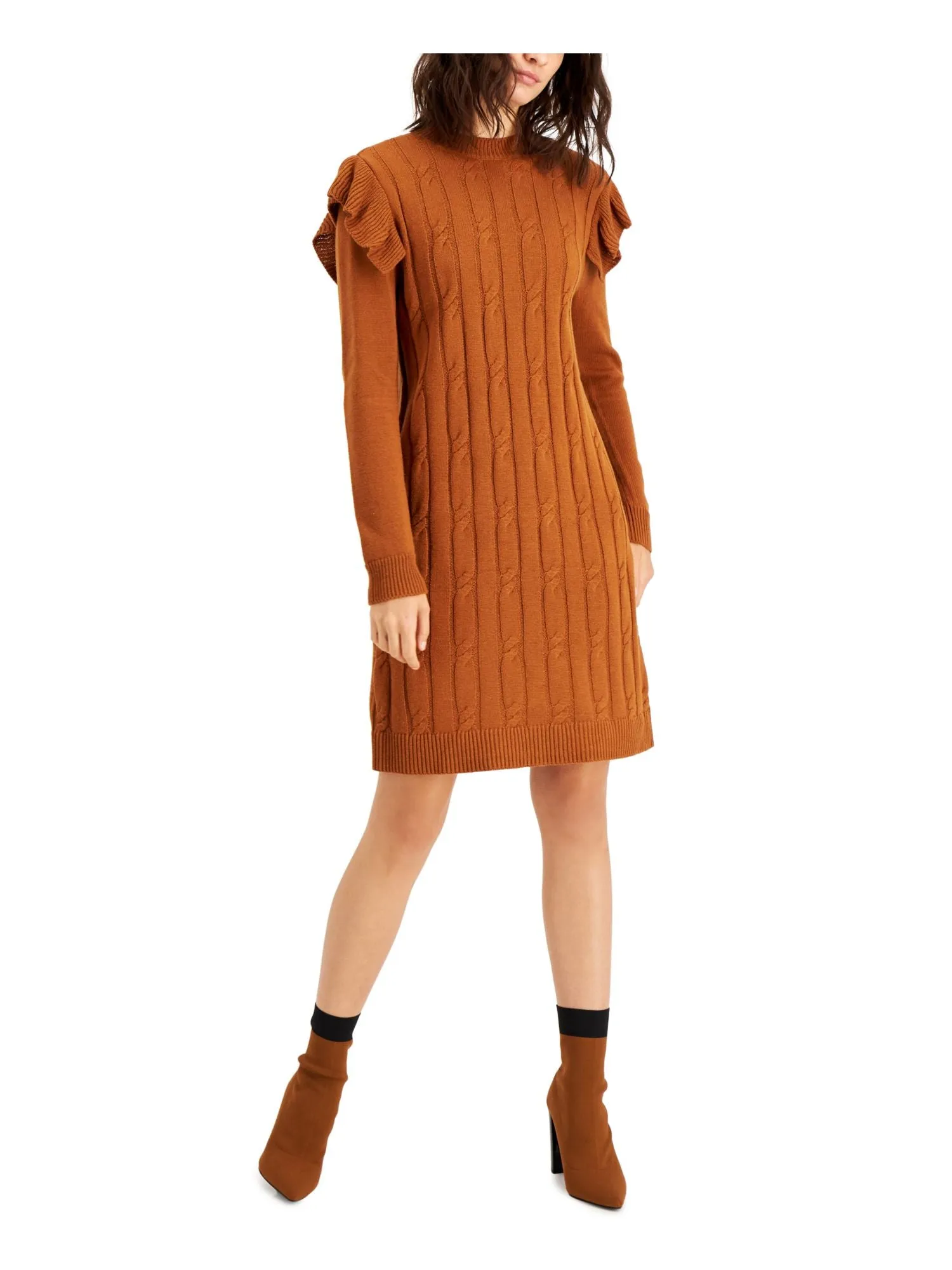 BAR III DRESSES Womens Ruffled Long Sleeve Crew Neck Above The Knee Sweater Dress