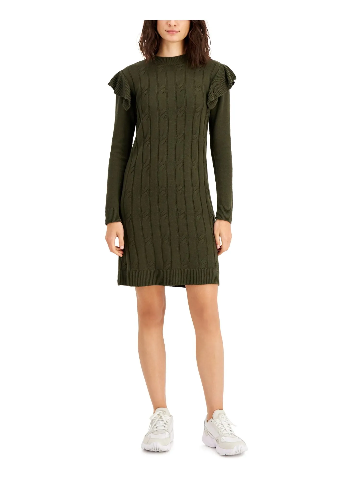 BAR III DRESSES Womens Ruffled Long Sleeve Crew Neck Above The Knee Sweater Dress