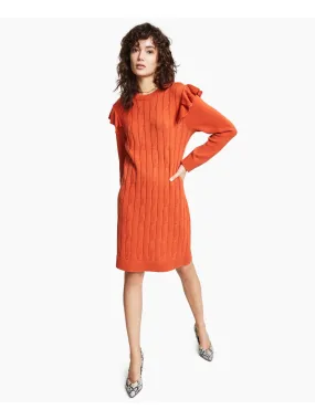 BAR III DRESSES Womens Ruffled Long Sleeve Crew Neck Above The Knee Sweater Dress