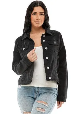 Black Destroyed Stretch Denim Jacket - #4574-4579