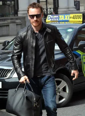 BLACK MICHAEL FASSBENDER LEATHER JACKET FOR MEN