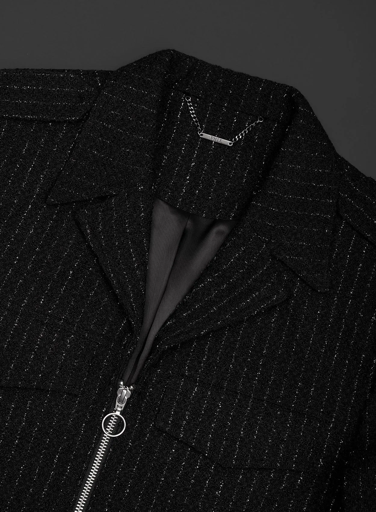 Black Silver Pinstripe Double Pocket Zip Wool Jacket