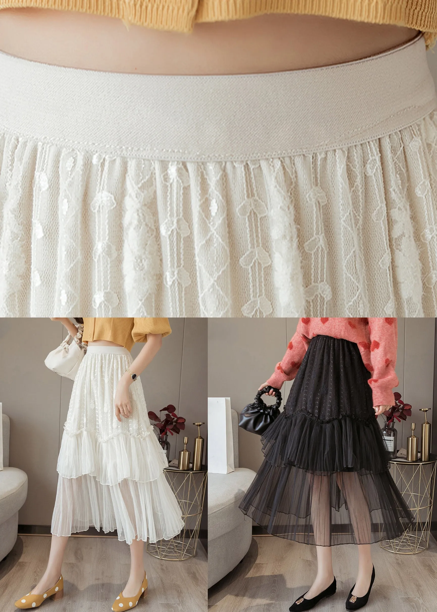 Black Solid Lace Patchwork Chiffon Skirts Elastic Waist AS1041