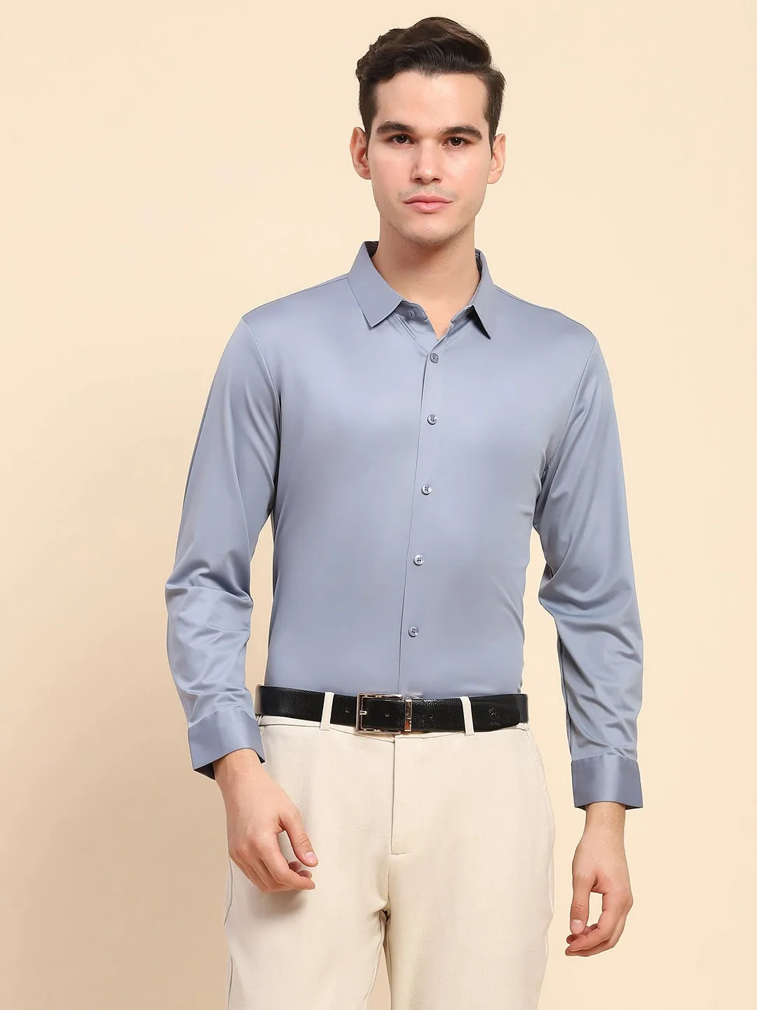 Blue Nylon Blend Solid Formal Shirt