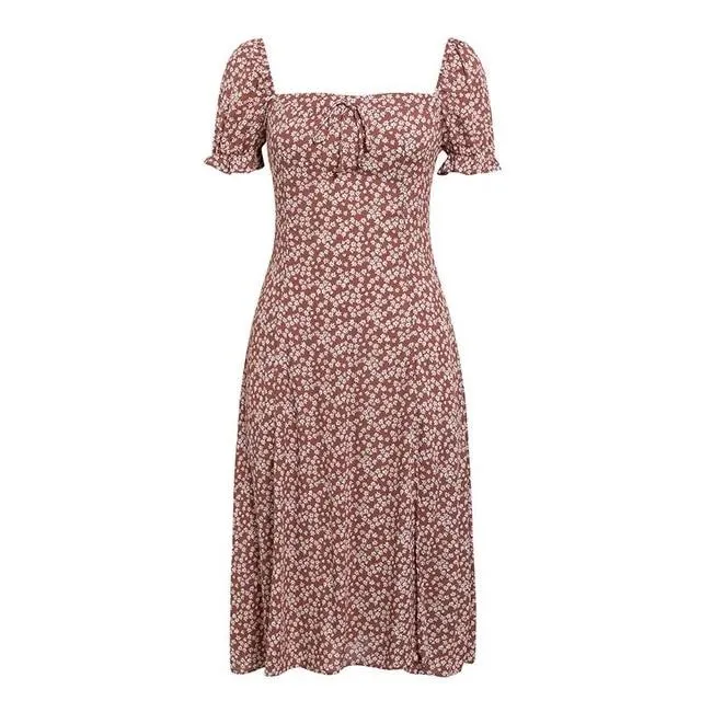 Bohemian Floral Print Short Lantern Sleeve Split Summer Midi Dress