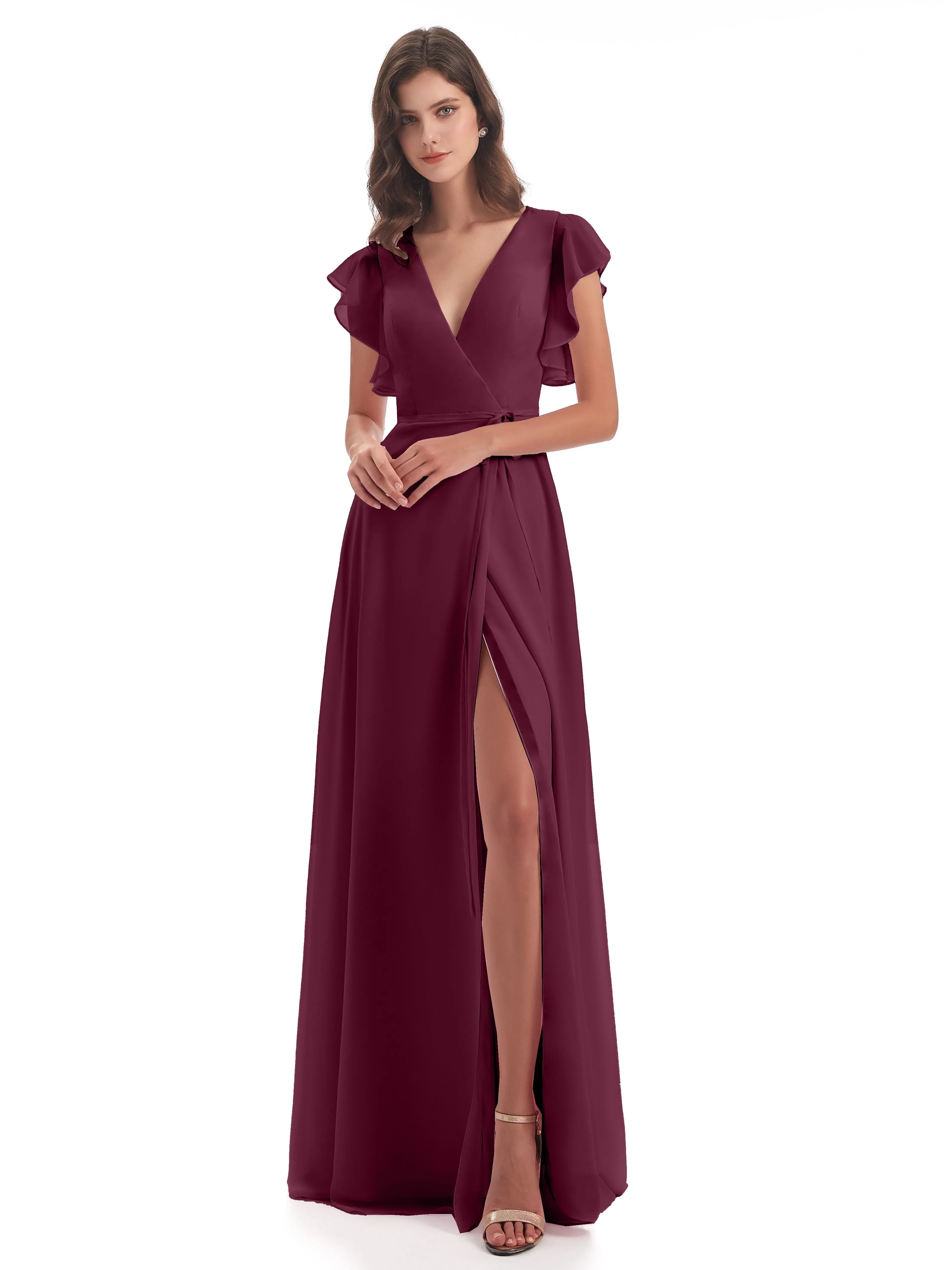 Bridesmaid Dress Mulberry Hope Charming V Neck Long Chiffon Bridesmaid Dresses