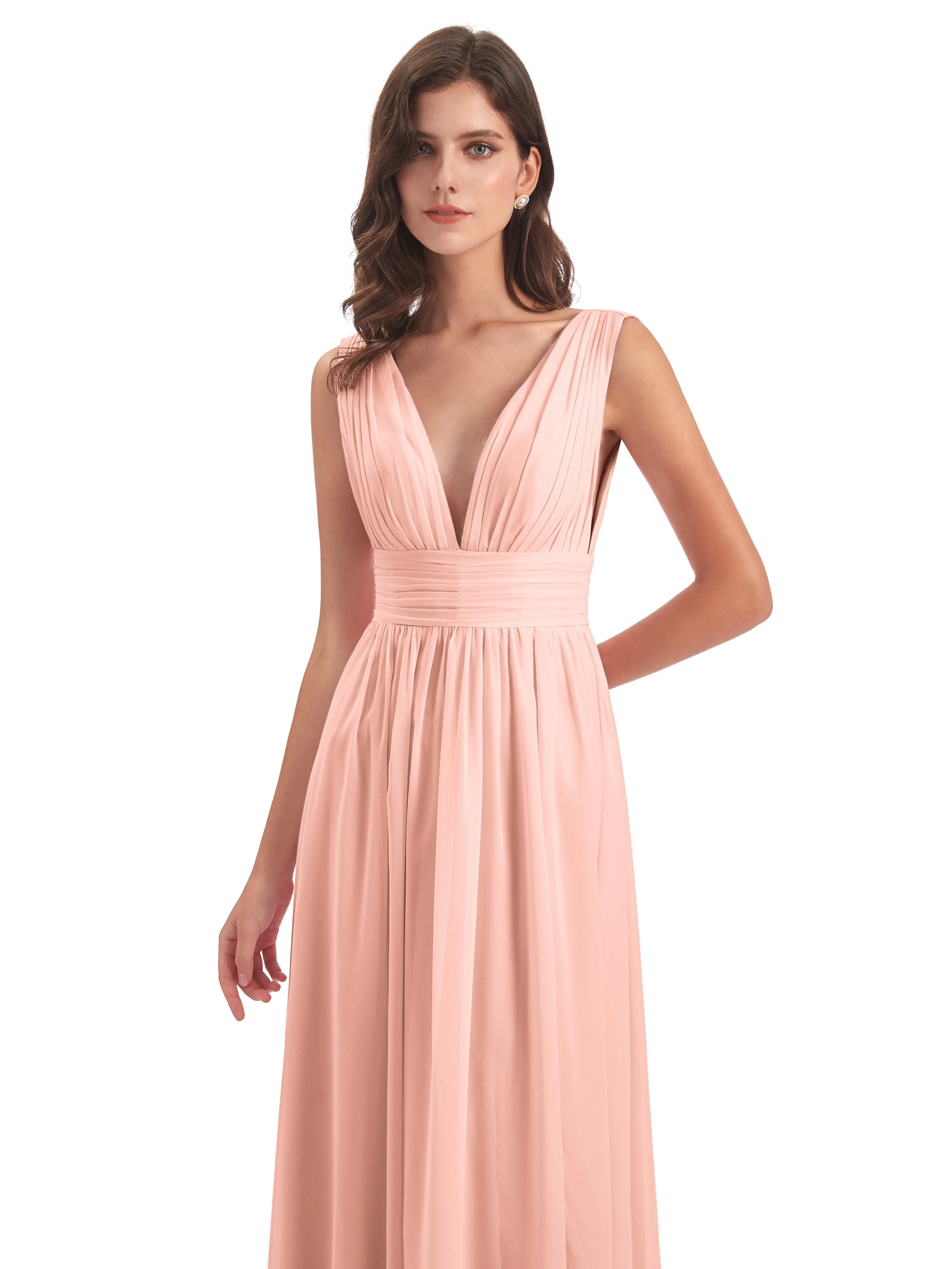 Bridesmaid Dresses Coral Charming Chiffon V Neck Split Long Bridesmaid Dresses