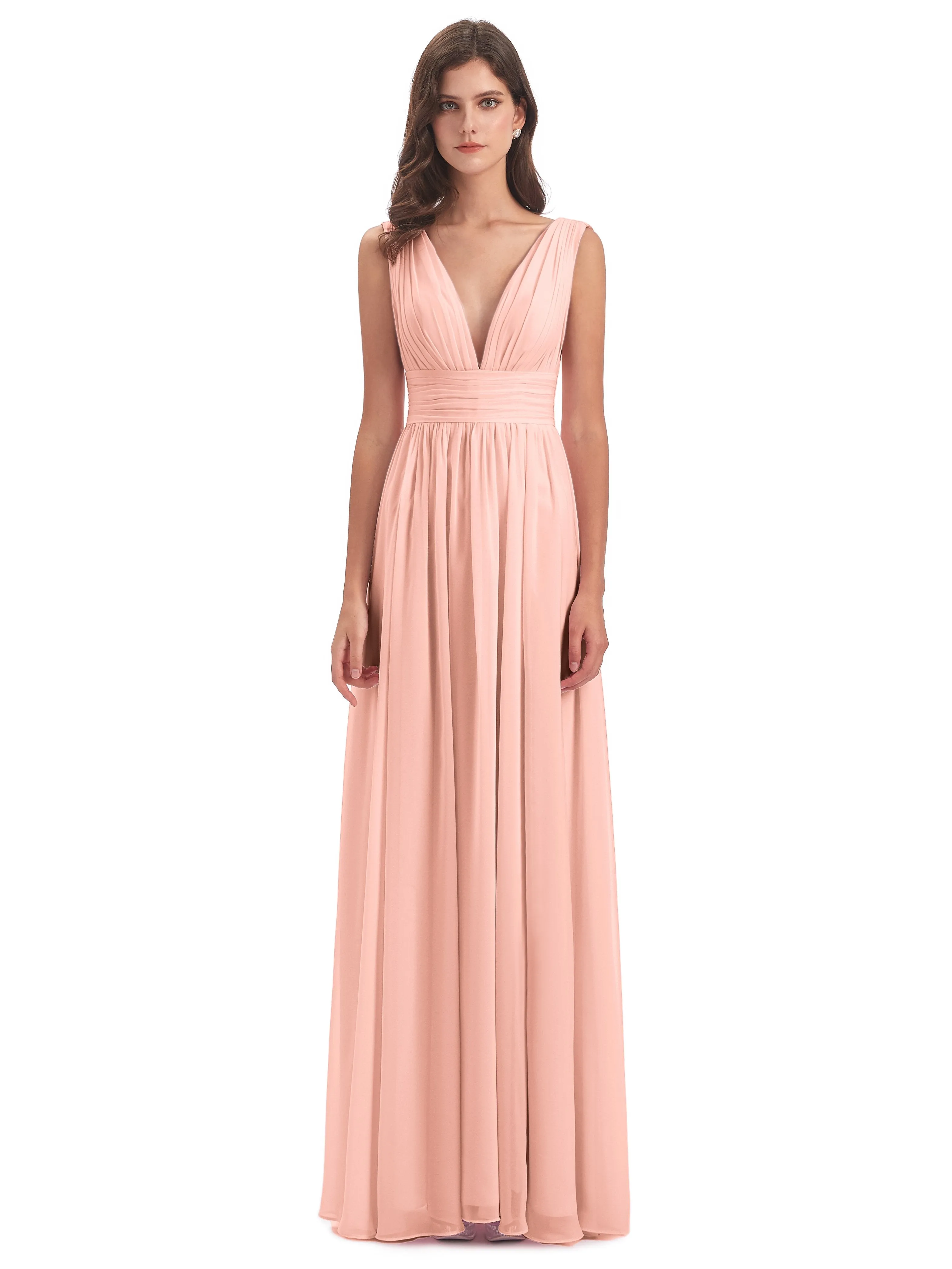 Bridesmaid Dresses Coral Charming Chiffon V Neck Split Long Bridesmaid Dresses