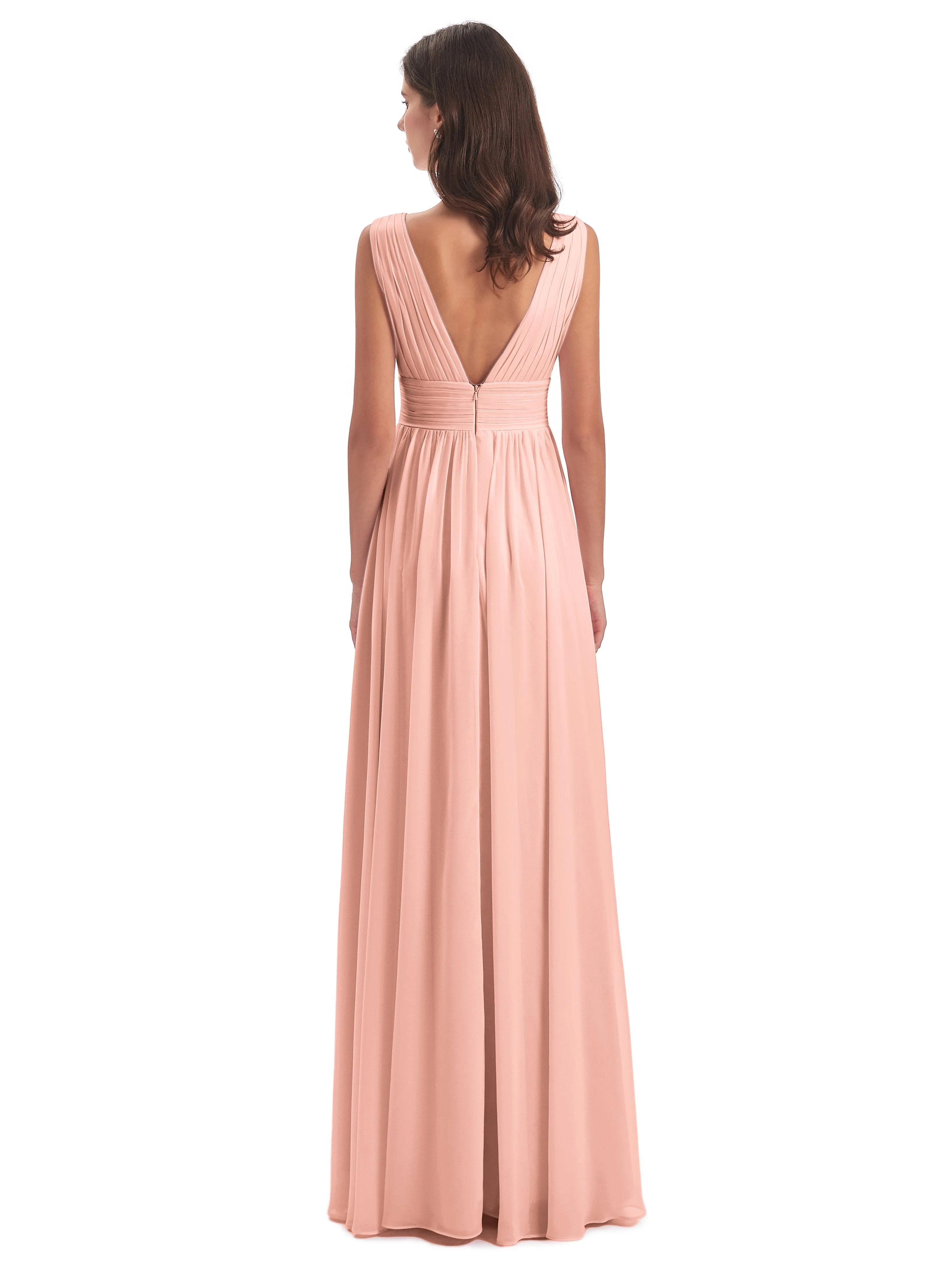 Bridesmaid Dresses Coral Charming Chiffon V Neck Split Long Bridesmaid Dresses