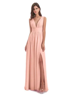 Bridesmaid Dresses Coral Charming Chiffon V Neck Split Long Bridesmaid Dresses