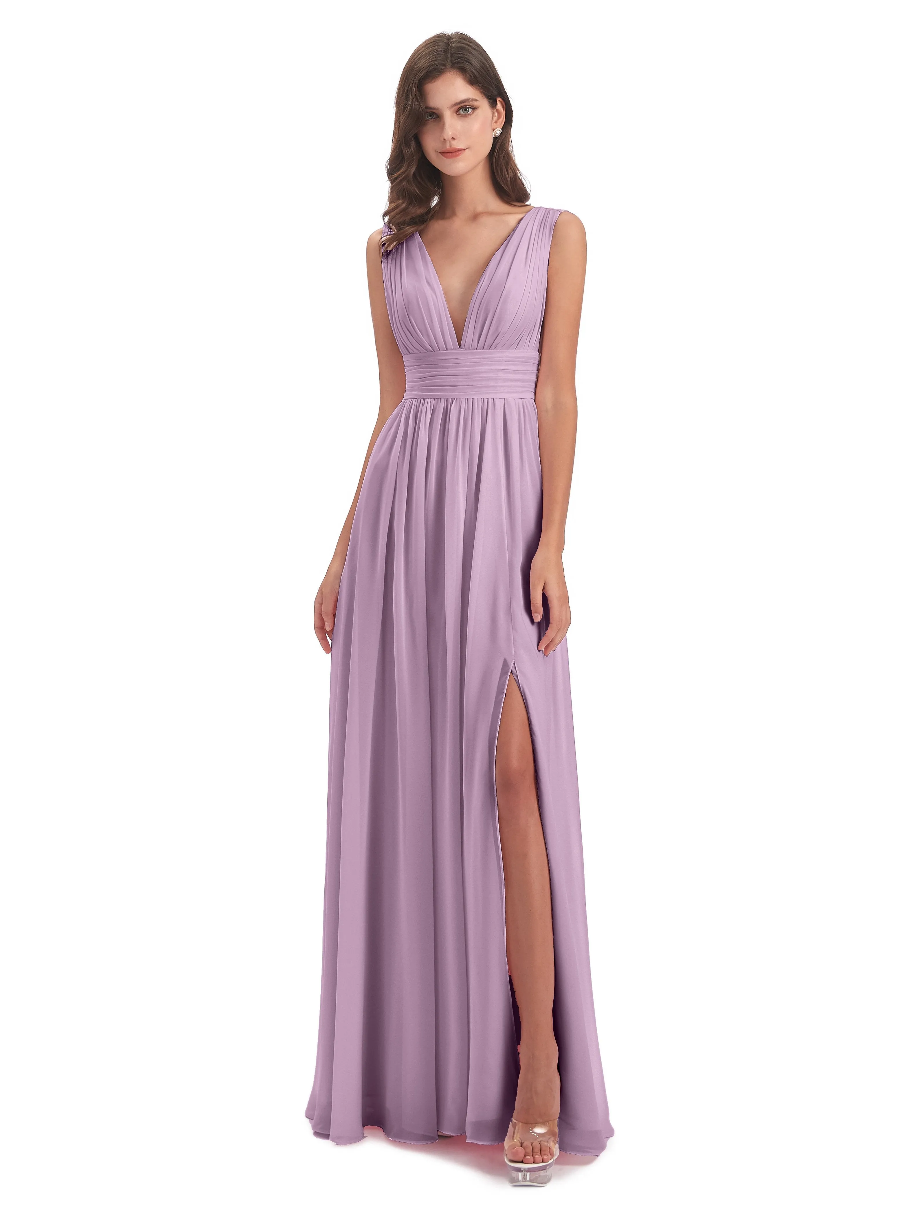 Bridesmaid Dresses Wisteria Charming Chiffon V Neck Split Long Bridesmaid Dresses