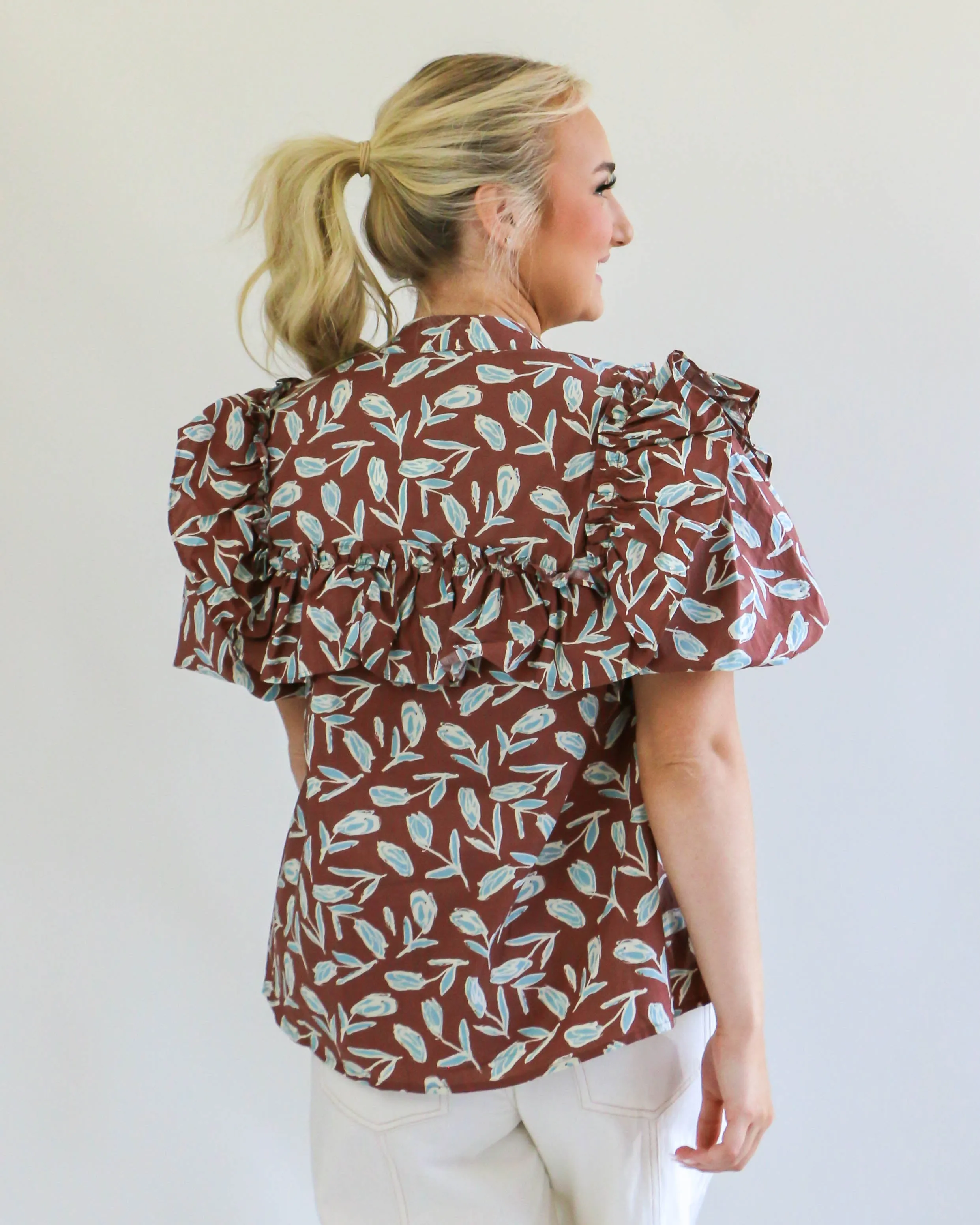 Brown Printed V-Neck Top