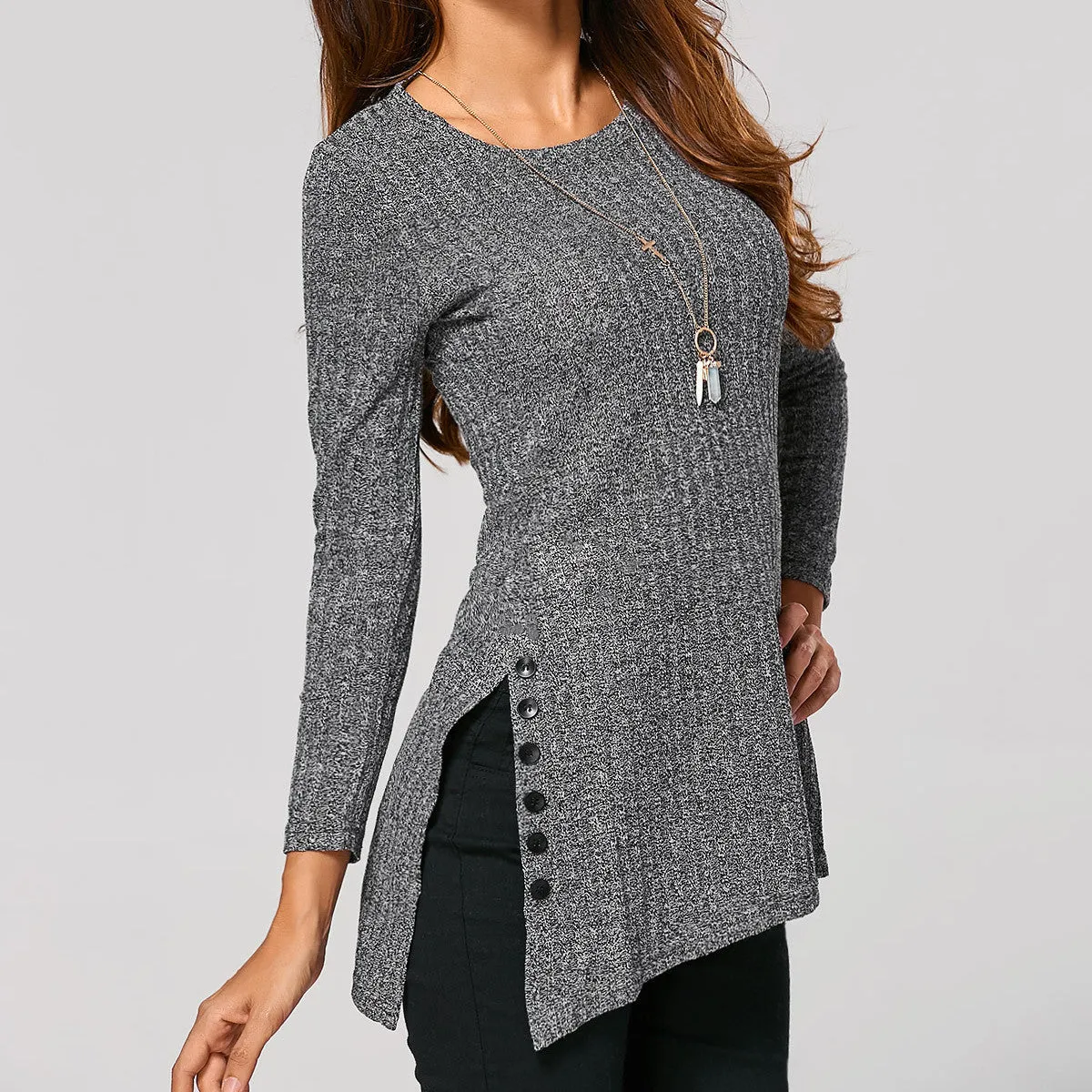 Button Split Irregular Long Sleeves Pullover Sweater