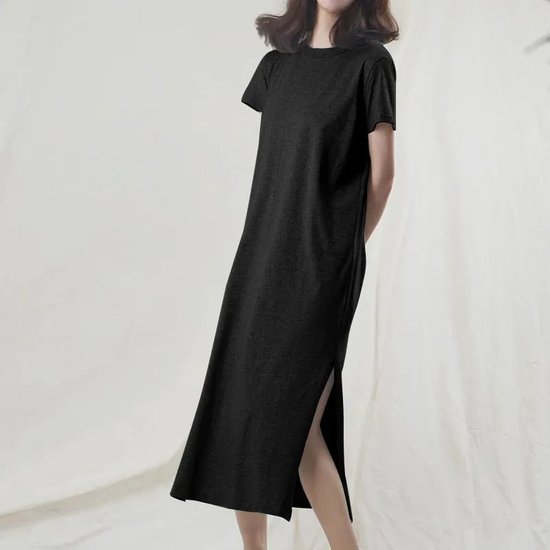 Casual Summer Women's Dresses Solid Short Sleeve Spilt Long Midi Dress