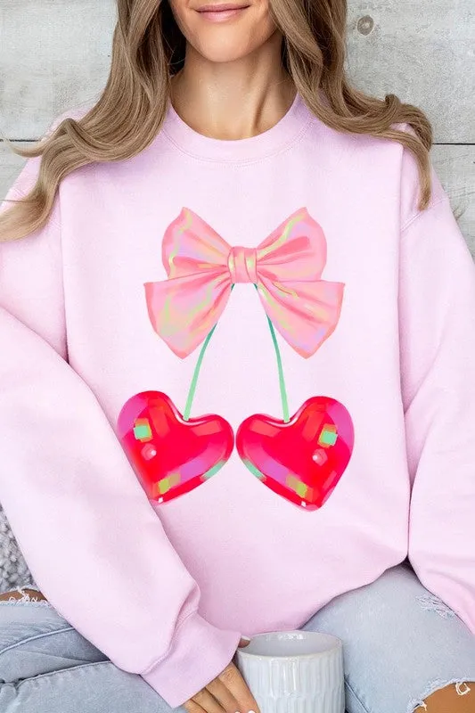 Cherry Pink Bow Graphic Fleece Sweatshirts