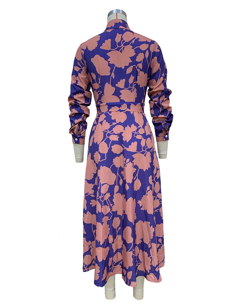 Chic Floral Print Collar Mid-length Dress