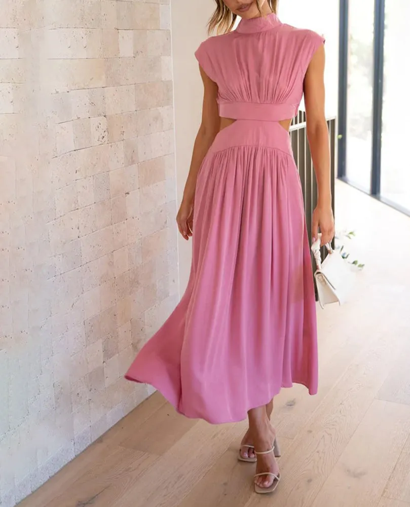 Chic Stand Collar Solid Color Sexy Waist Midi Dress