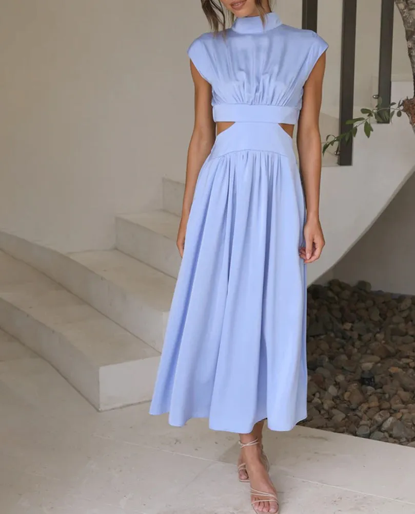 Chic Stand Collar Solid Color Sexy Waist Midi Dress