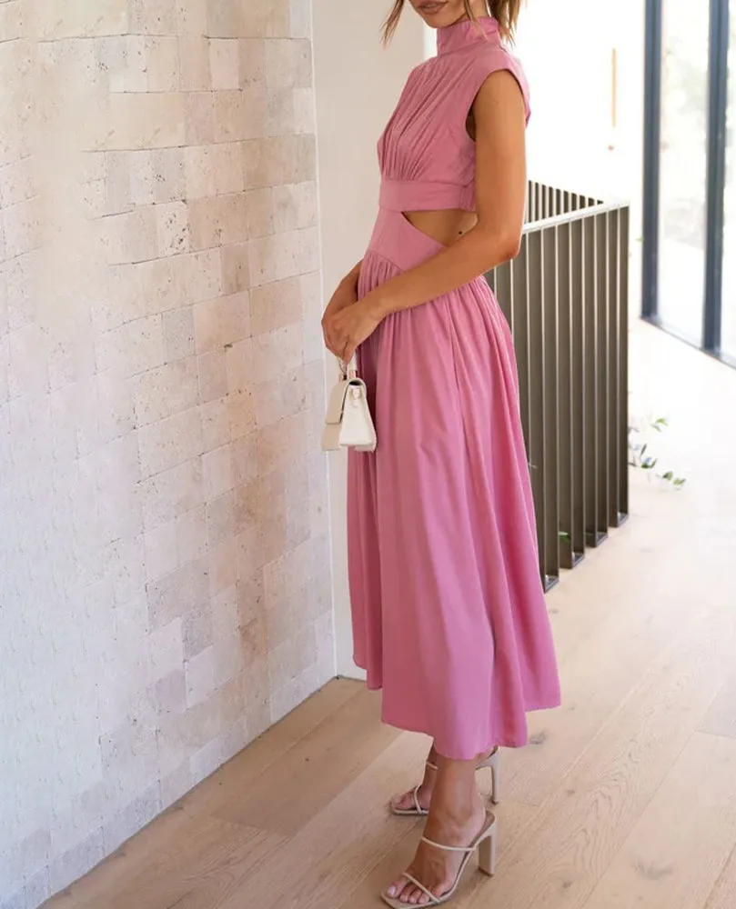 Chic Stand Collar Solid Color Sexy Waist Midi Dress