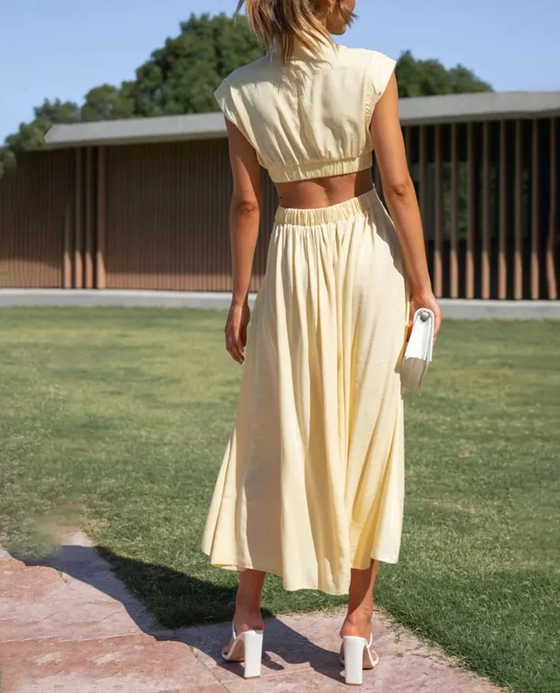 Chic Stand Collar Solid Color Sexy Waist Midi Dress