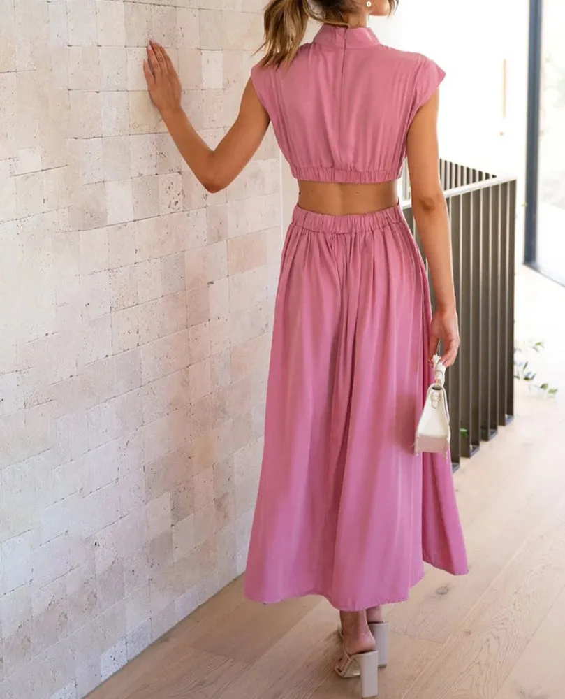 Chic Stand Collar Solid Color Sexy Waist Midi Dress