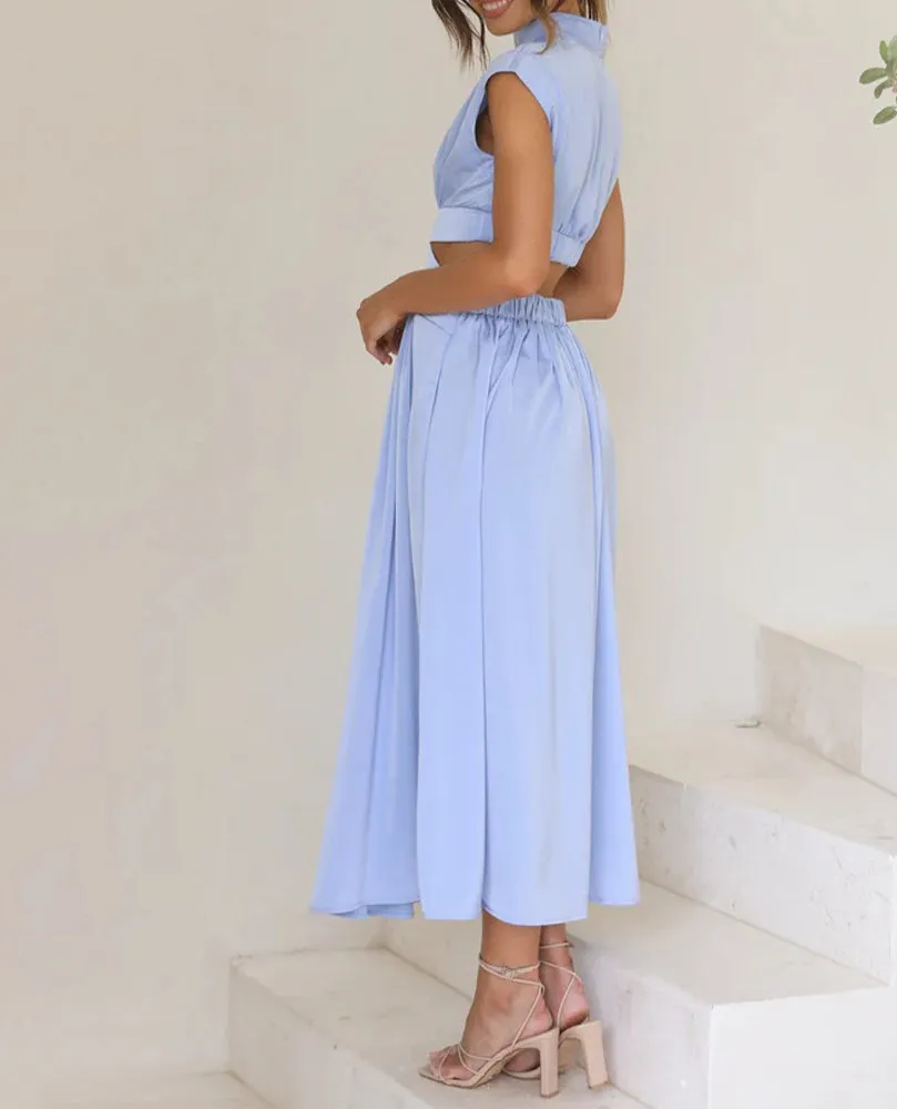 Chic Stand Collar Solid Color Sexy Waist Midi Dress