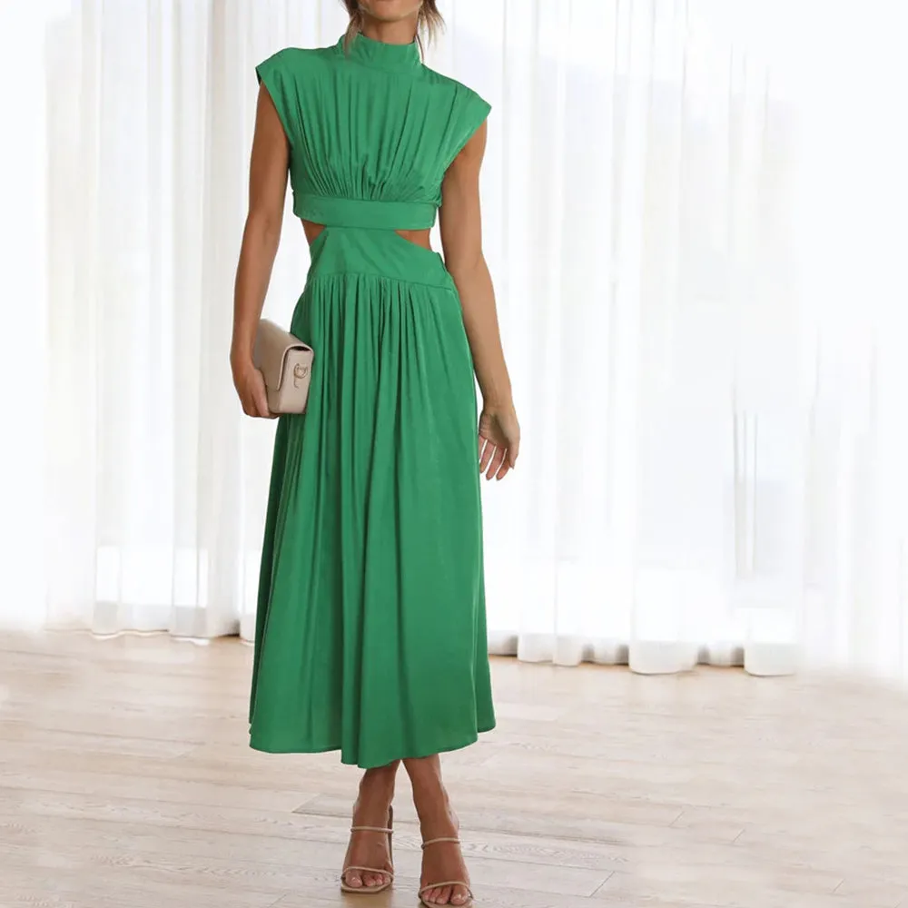 Chic Stand Collar Solid Color Sexy Waist Midi Dress