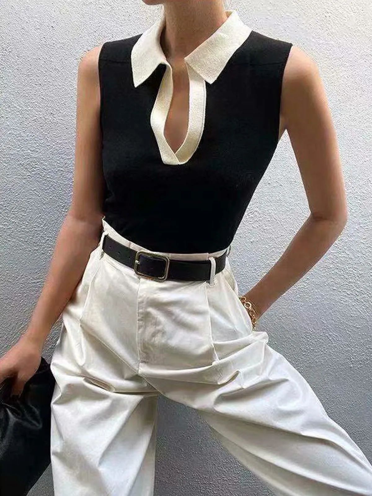 Contrast Trim Collar Trendy V-neck Knit Sweater Vest