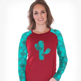 Cowgirl Tuff Women's Red/TQ Cactus Long Sleeve