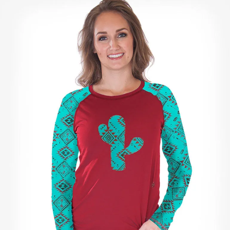 Cowgirl Tuff Women's Red/TQ Cactus Long Sleeve