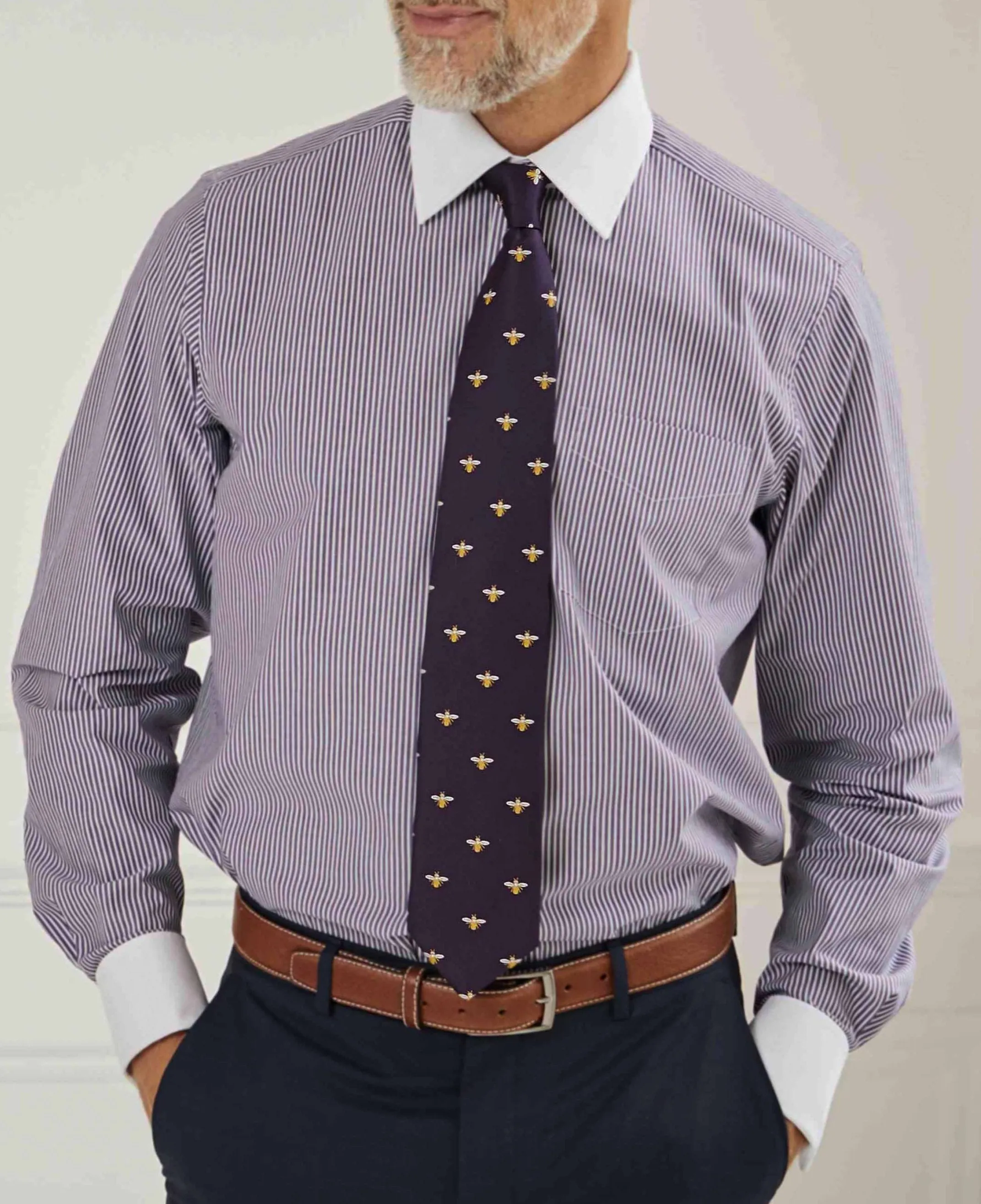 Dark Navy White Stripe Cotton Poplin Classic Fit Formal Shirt - Double White Cuff & White Collar