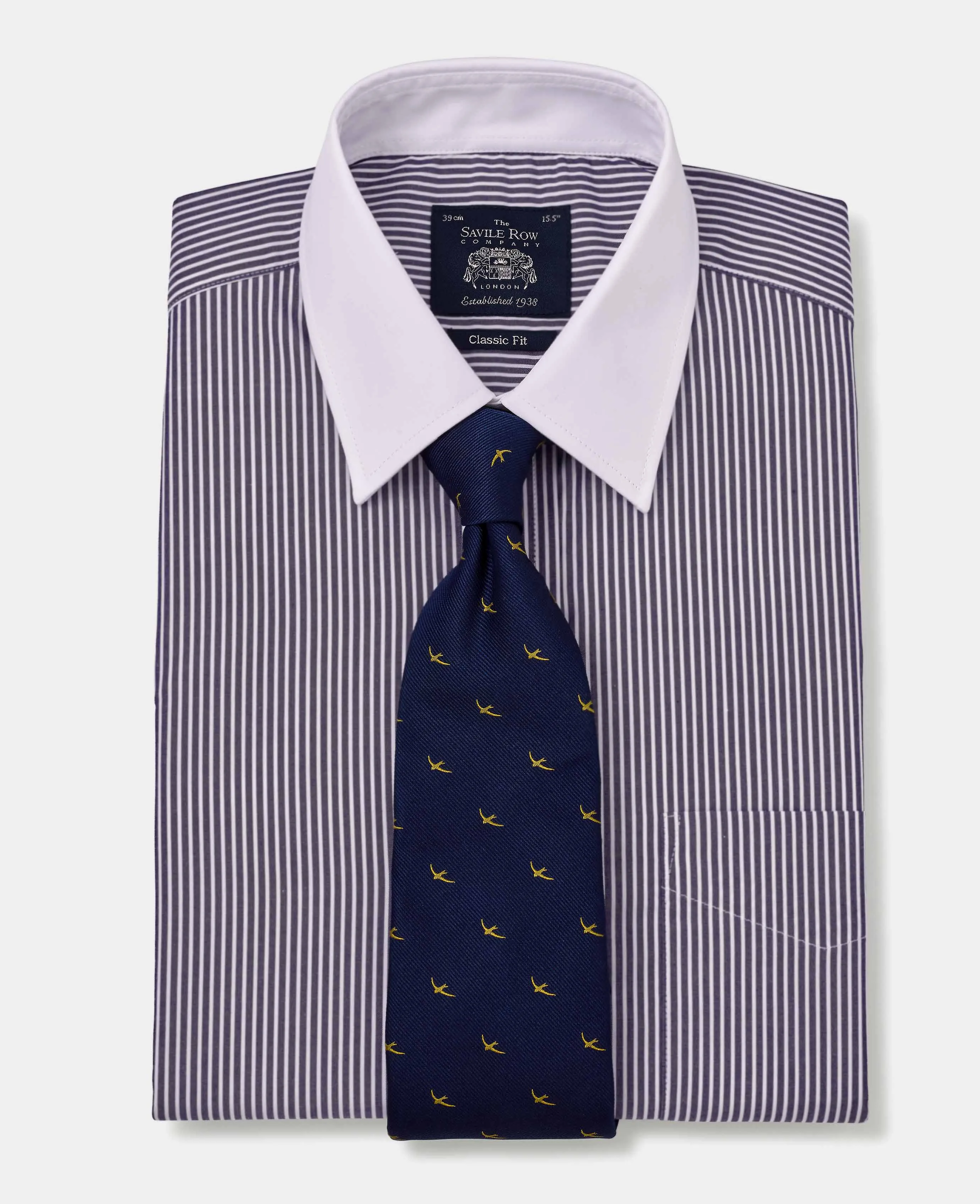 Dark Navy White Stripe Cotton Poplin Classic Fit Formal Shirt - Double White Cuff & White Collar