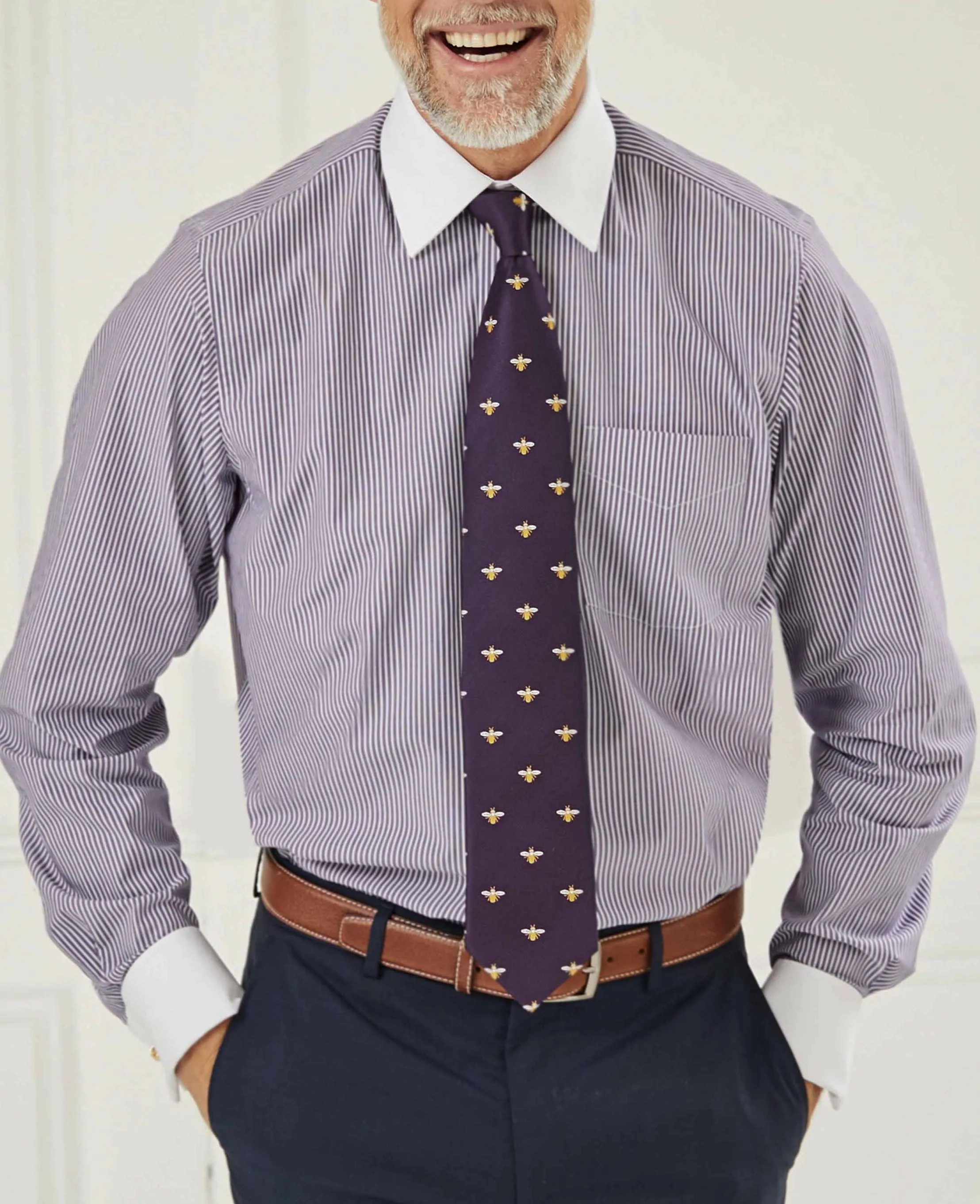 Dark Navy White Stripe Cotton Poplin Classic Fit Formal Shirt - Double White Cuff & White Collar