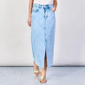 Distressed midi denim skirt with front slit wholesale