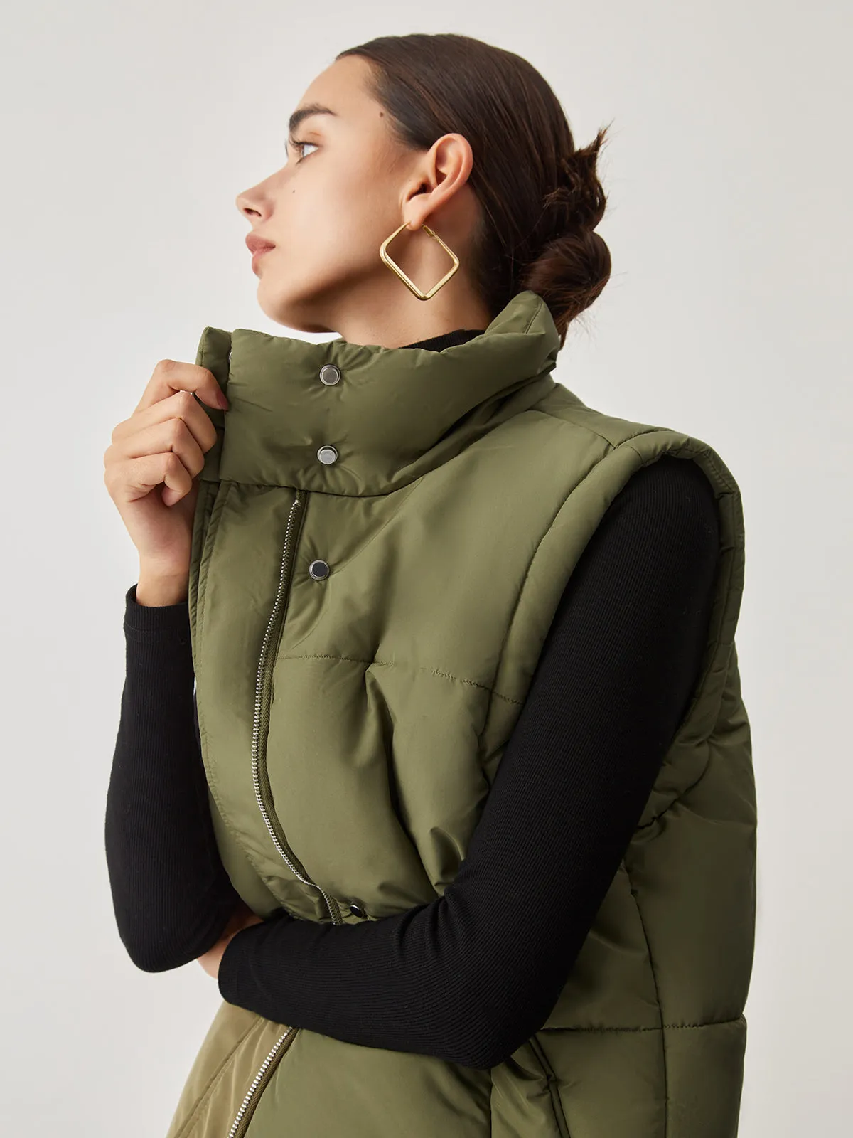 Double Pockets Stand Trendy Collar Quilted Puffer Vest