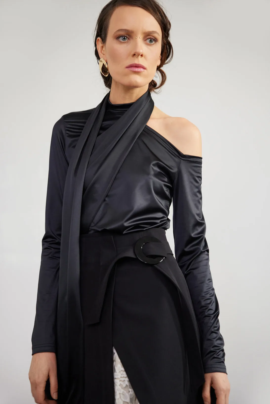 Draped Shoulder Long-Sleeve Blouse Black