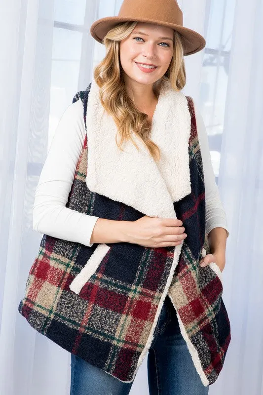 E LUNA Warm Sherpa Fur Plaid Vest