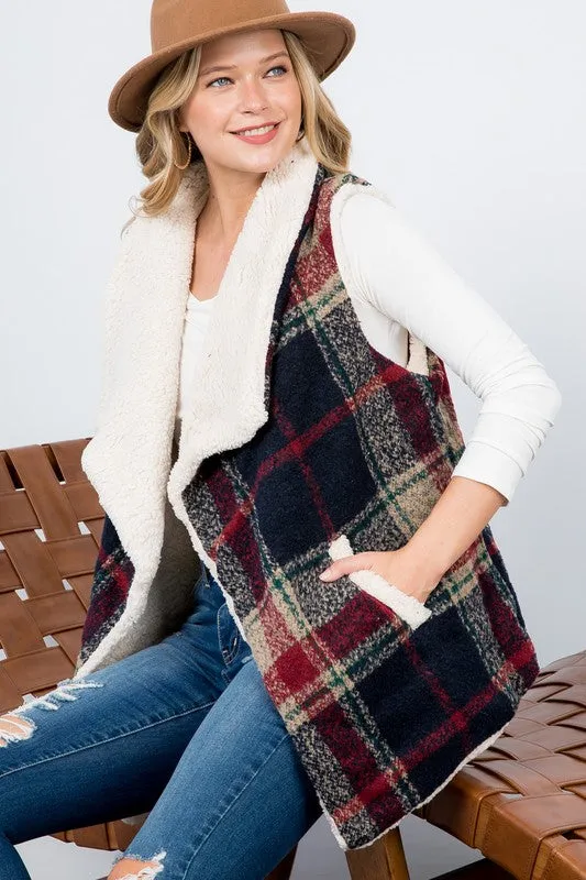 E LUNA Warm Sherpa Fur Plaid Vest