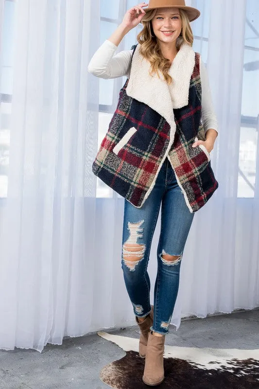 E LUNA Warm Sherpa Fur Plaid Vest