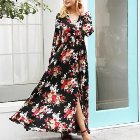 Elegant Floral Print Boho Drawstring Long Maxi Dress