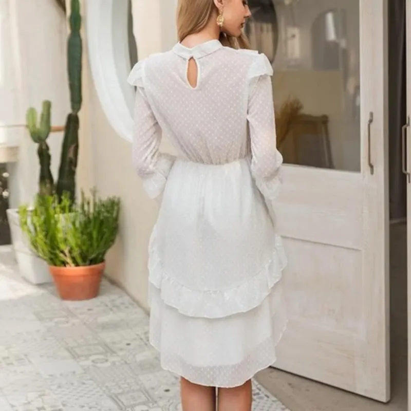 Elegant White Soft Long Sleeve Ruffled Boho Chiffon Dress