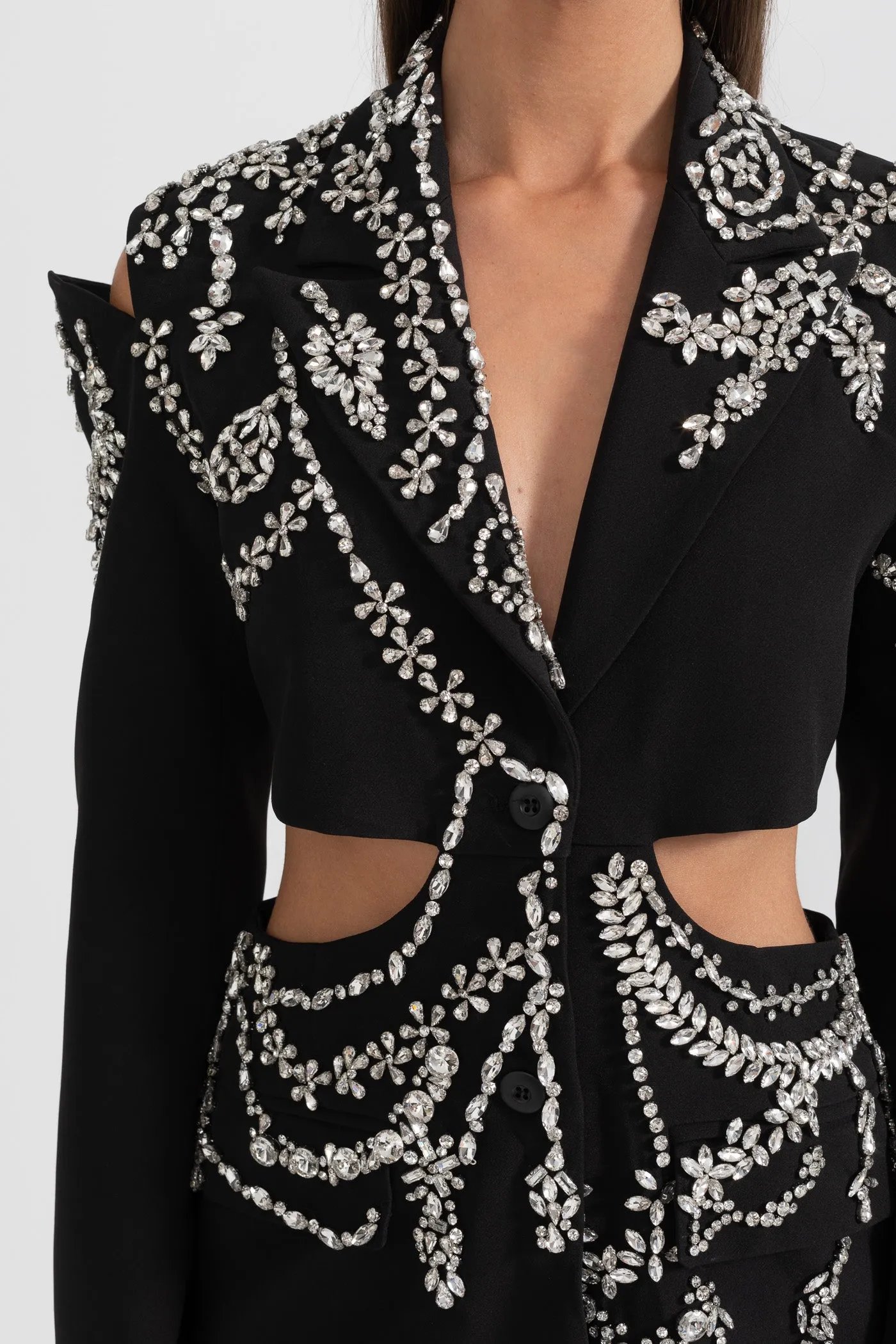 Embroidered Elegant Blazer with Waist Cutouts - Black