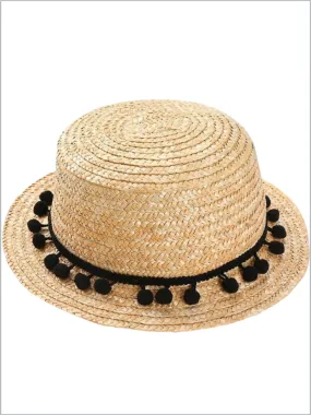 Girls Chic Pom Pom Straw Hat