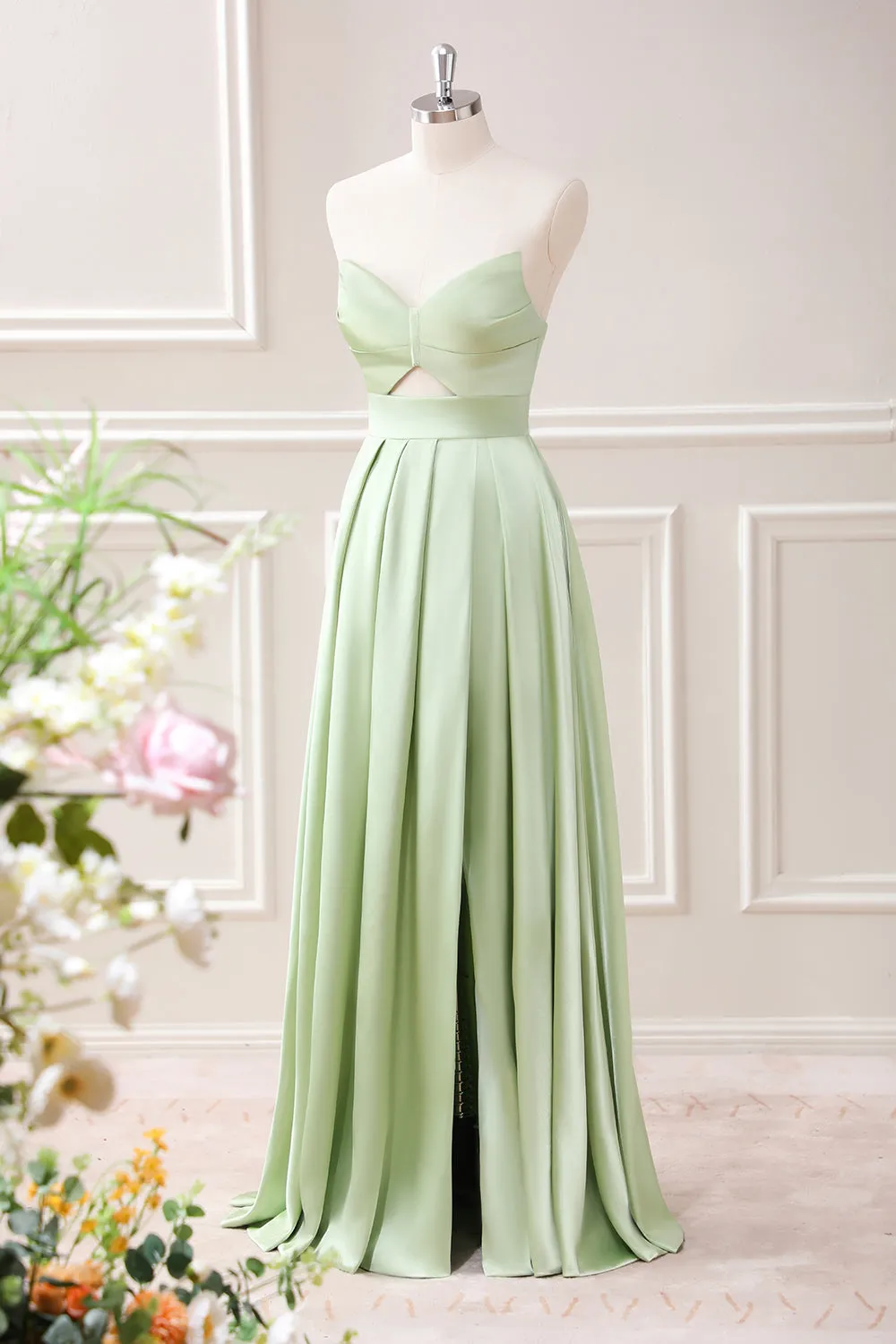 Green A Line Pleated Strapless Keyhole Maxi Dress with Slit