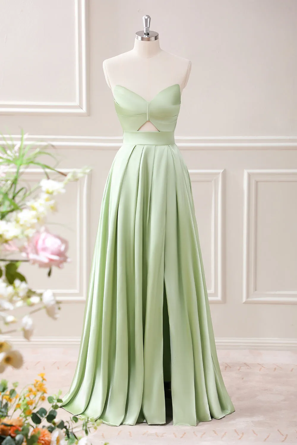 Green A Line Pleated Strapless Keyhole Maxi Dress with Slit