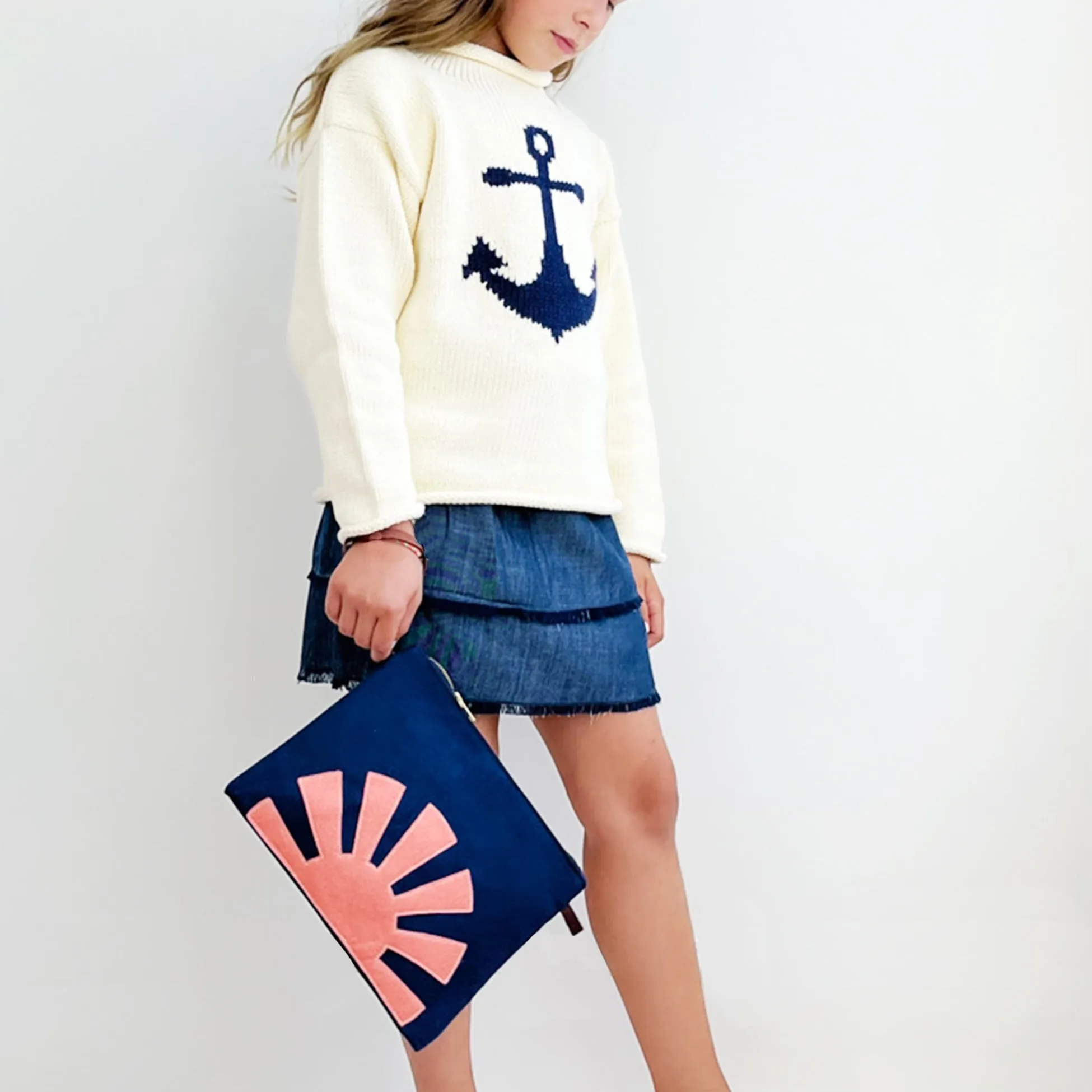 Ivory Navy Anchor Roll Neck Sweater